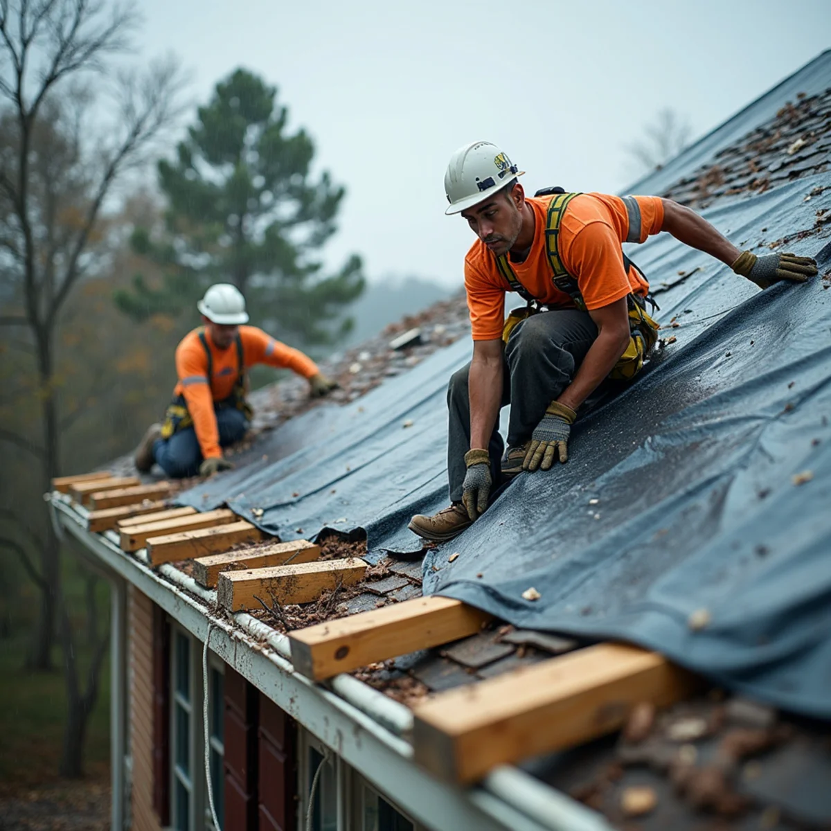 Emergency roof tarping properly secured with timber battens in Arkansas