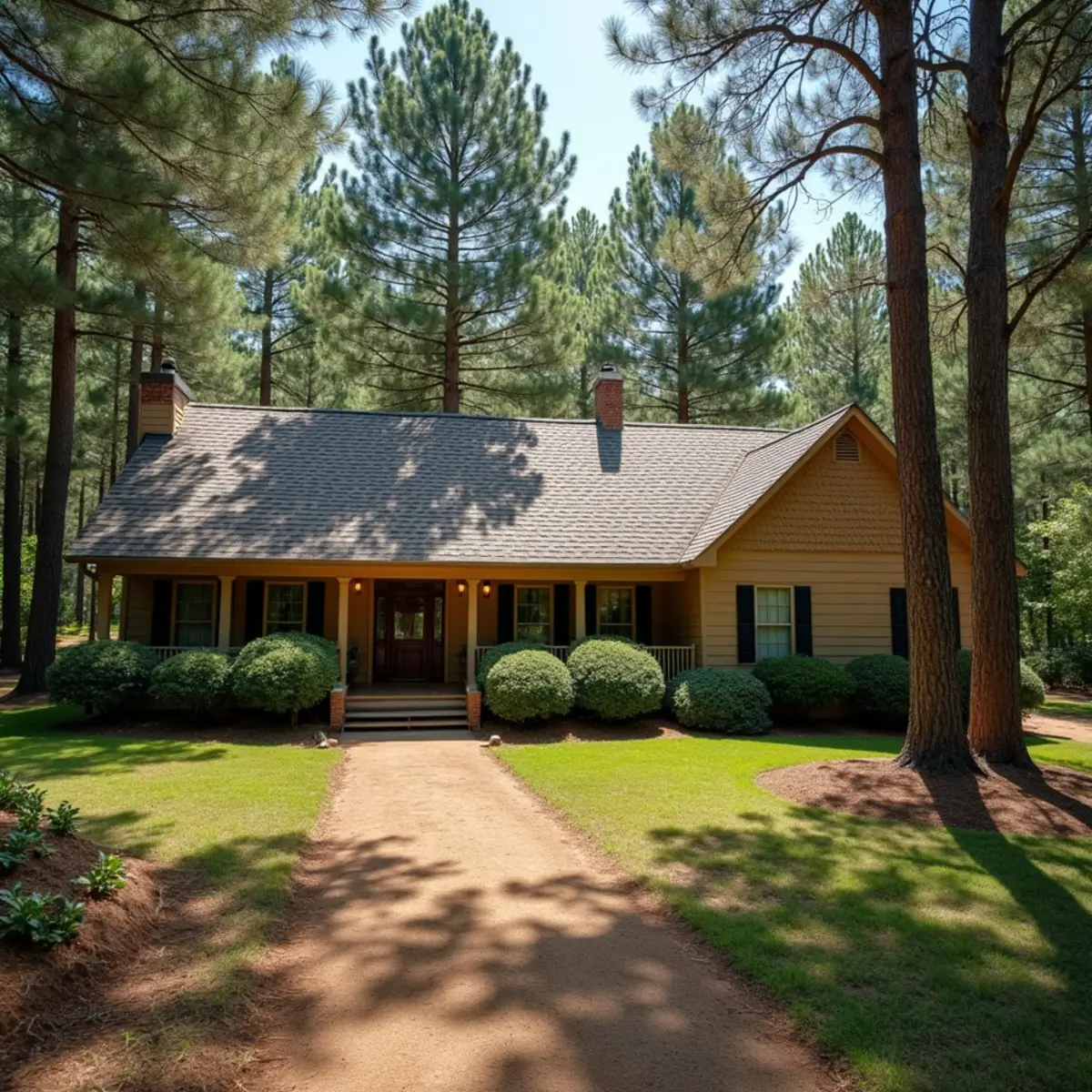 Home in Shannon Hills nestled under tall pine trees with clean shingle valleys