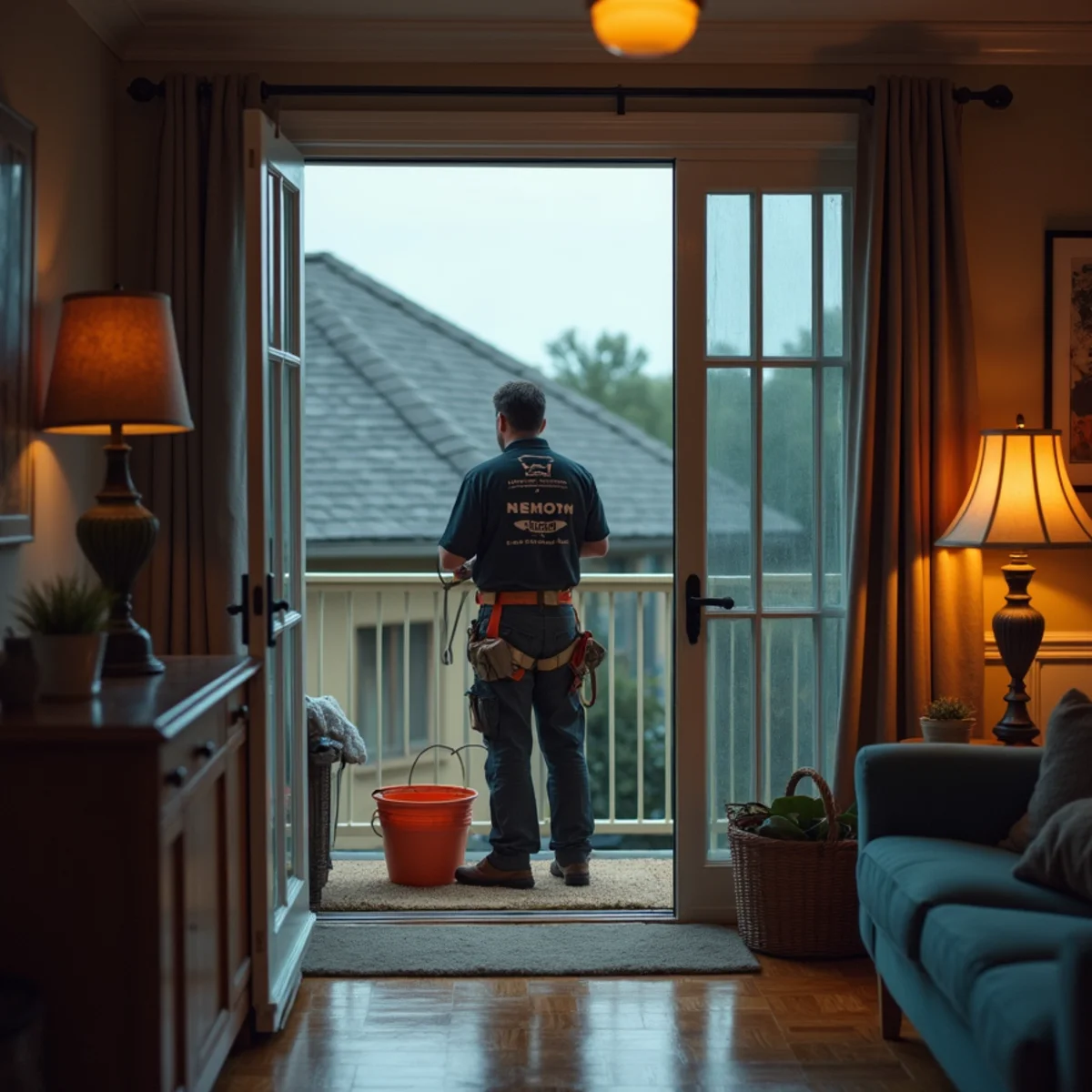 Homeowner safely containing active roof leak in Little Rock home during rainstorm