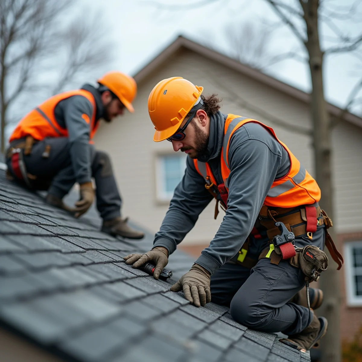 Technician diagnosing water leak near chimney flashing on Little Rock roof