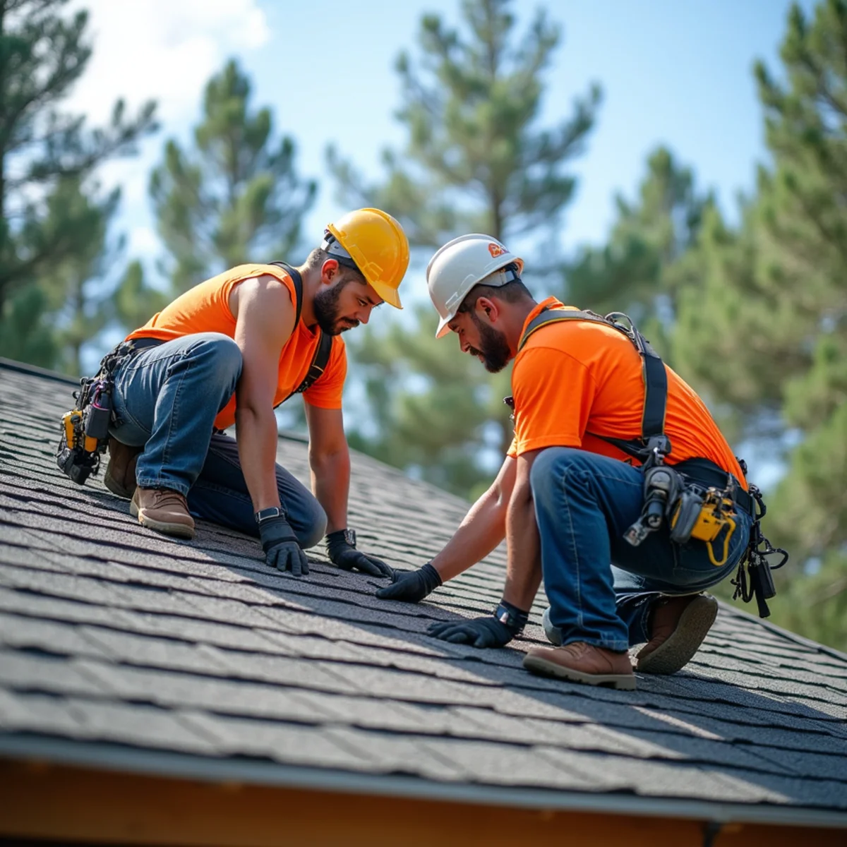 Roofing contractor crew replacing asphalt shingle roof on Austin, Arkansas home