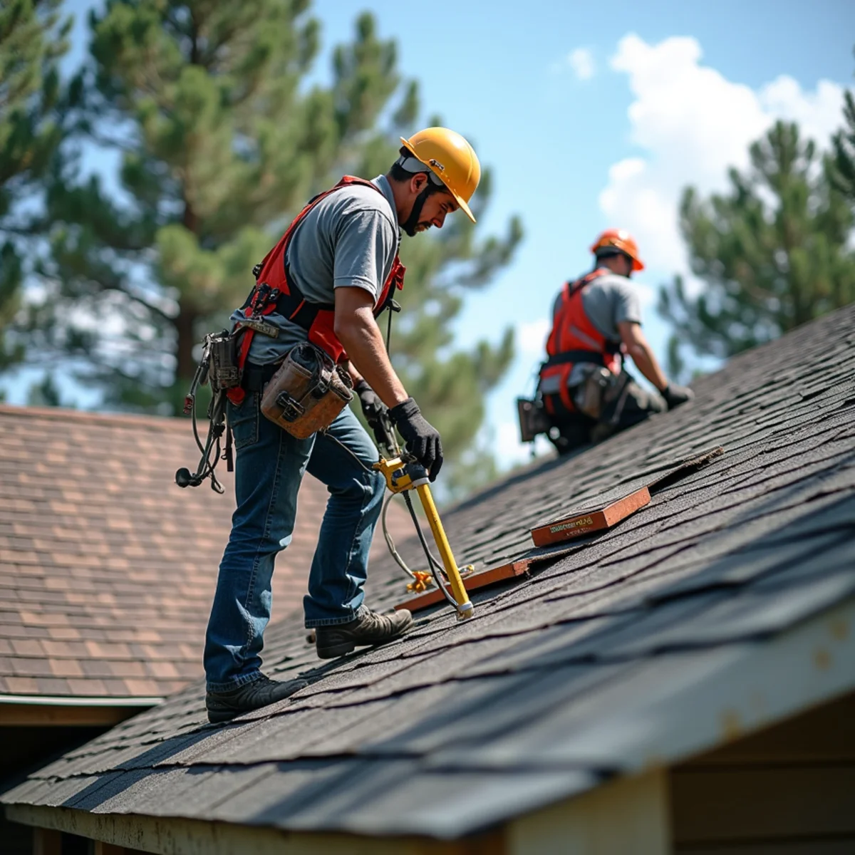 Roofing contractor crew replacing asphalt shingle roof on Beebe, Arkansas home