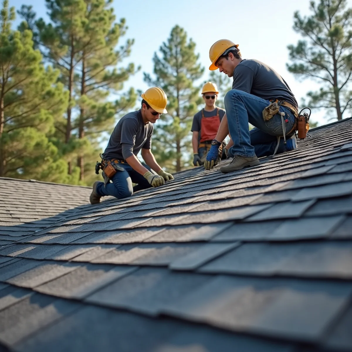 Roofing contractor crew replacing asphalt shingle roof on Benton, Arkansas home
