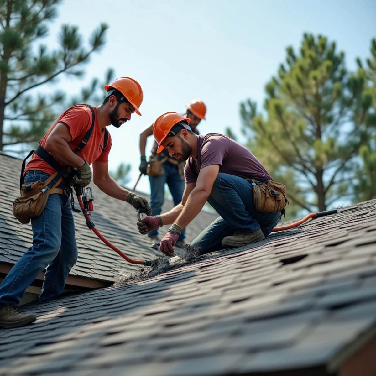 Roofing contractor crew replacing asphalt shingle roof on Bryant, Arkansas home