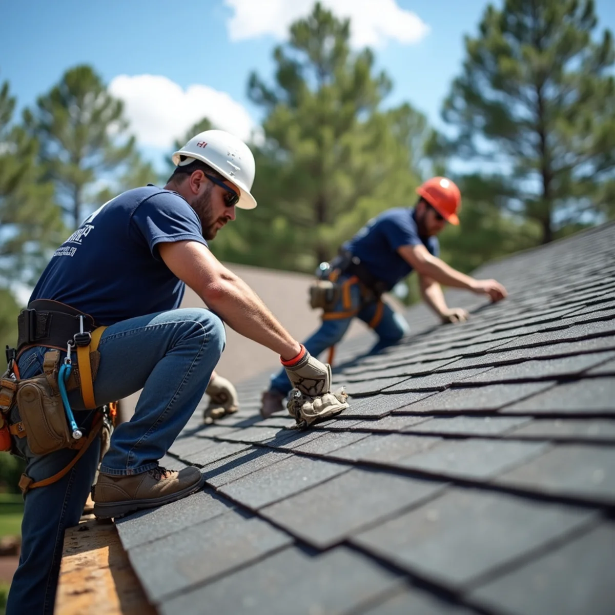 Roofing contractor crew replacing asphalt shingle roof on Cabot, Arkansas home