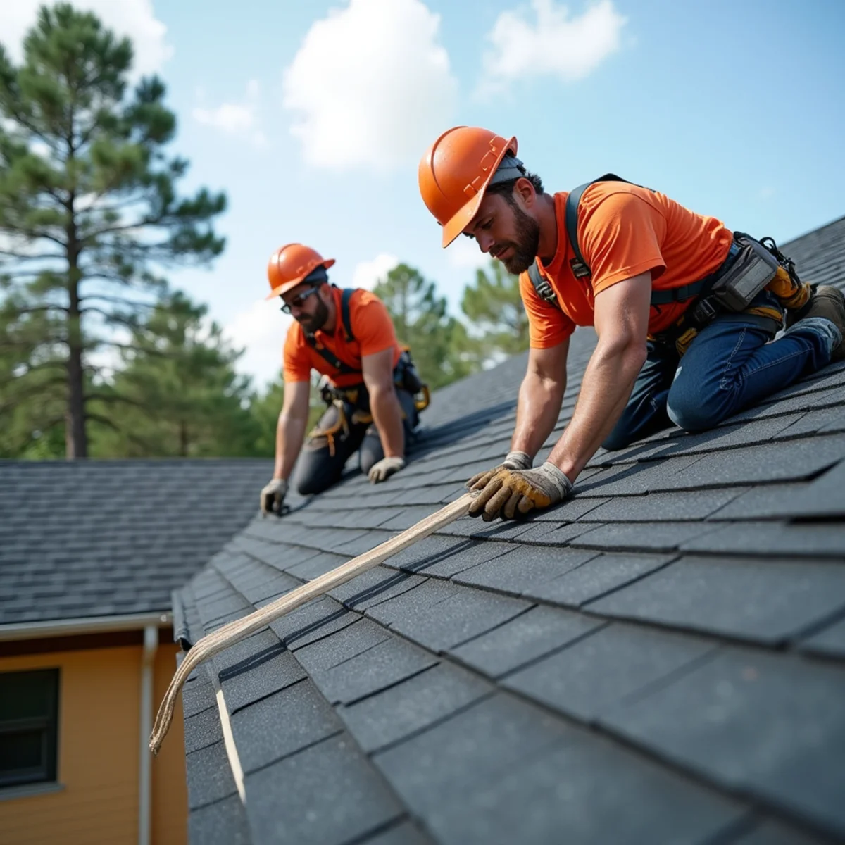 Roofing contractor crew replacing asphalt shingle roof on Cammack Village, Arkansas home