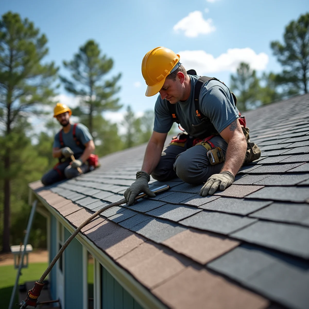 Roofing contractor crew replacing asphalt shingle roof on Cleburne County, Arkansas home