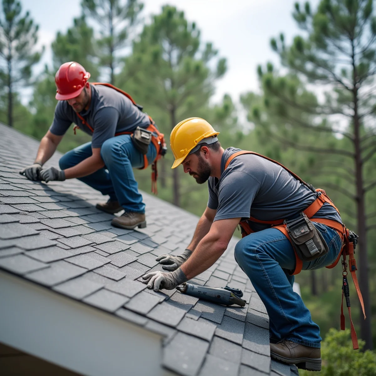Roofing contractor crew replacing asphalt shingle roof on Haskell, Arkansas home