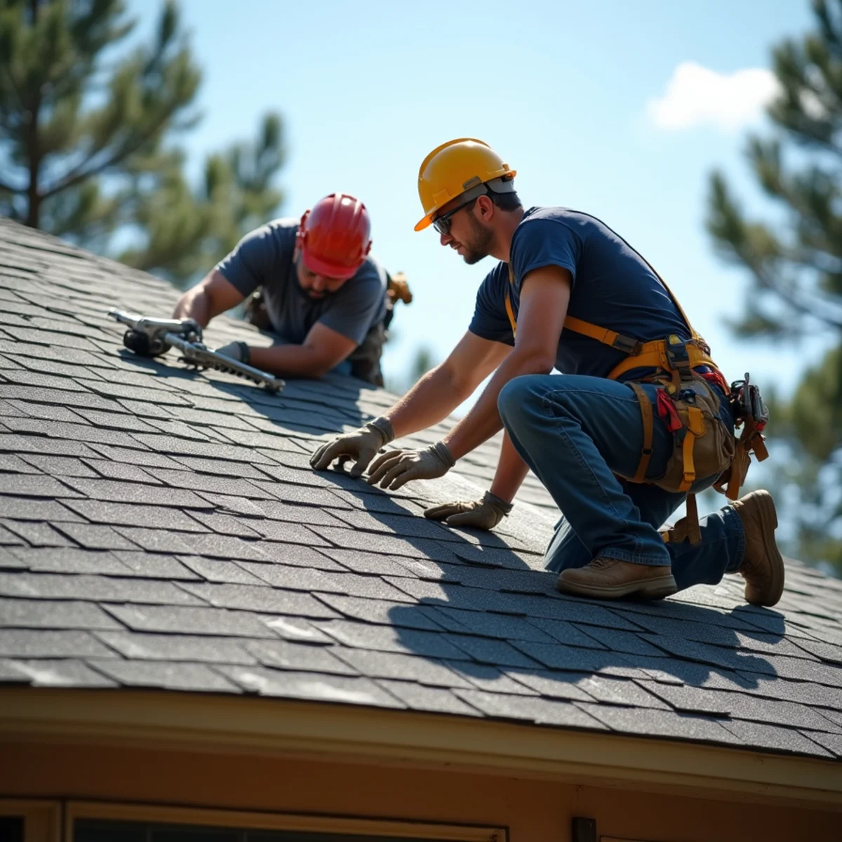 Roofing contractor crew replacing asphalt shingle roof on Heber Springs, Arkansas home