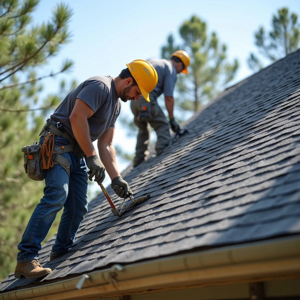 Roofing contractor crew replacing asphalt shingle roof on Hot Springs, Arkansas home