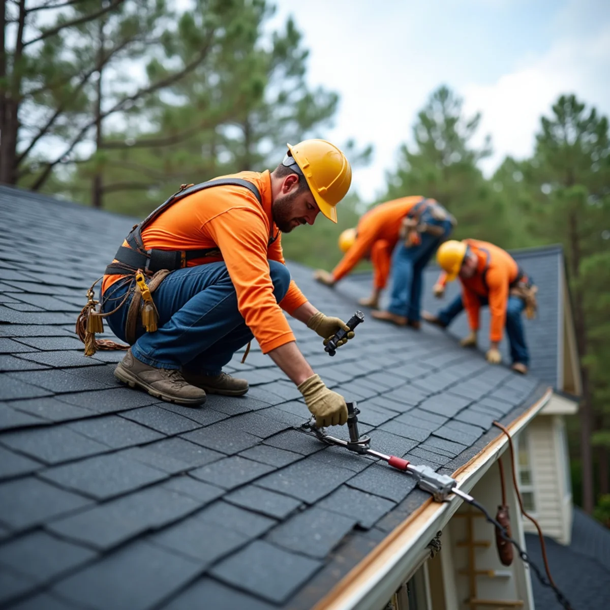 Roofing contractor crew replacing asphalt shingle roof on Hot Springs Village, Arkansas home