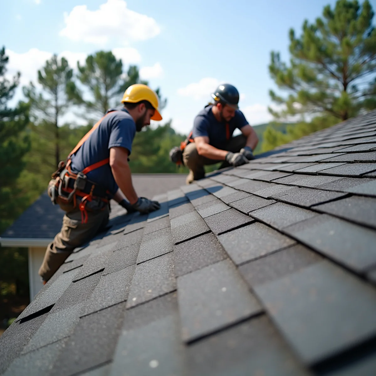 Roofing contractor crew replacing asphalt shingle roof on Malvern, Arkansas home