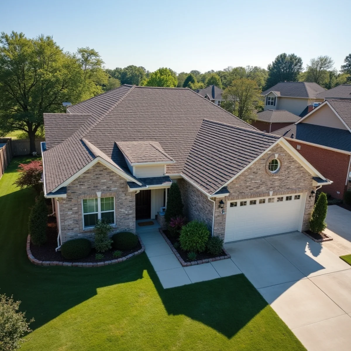 Completed residential shingle roofing installation by Ernest Roofing in Mayflower, Arkansas