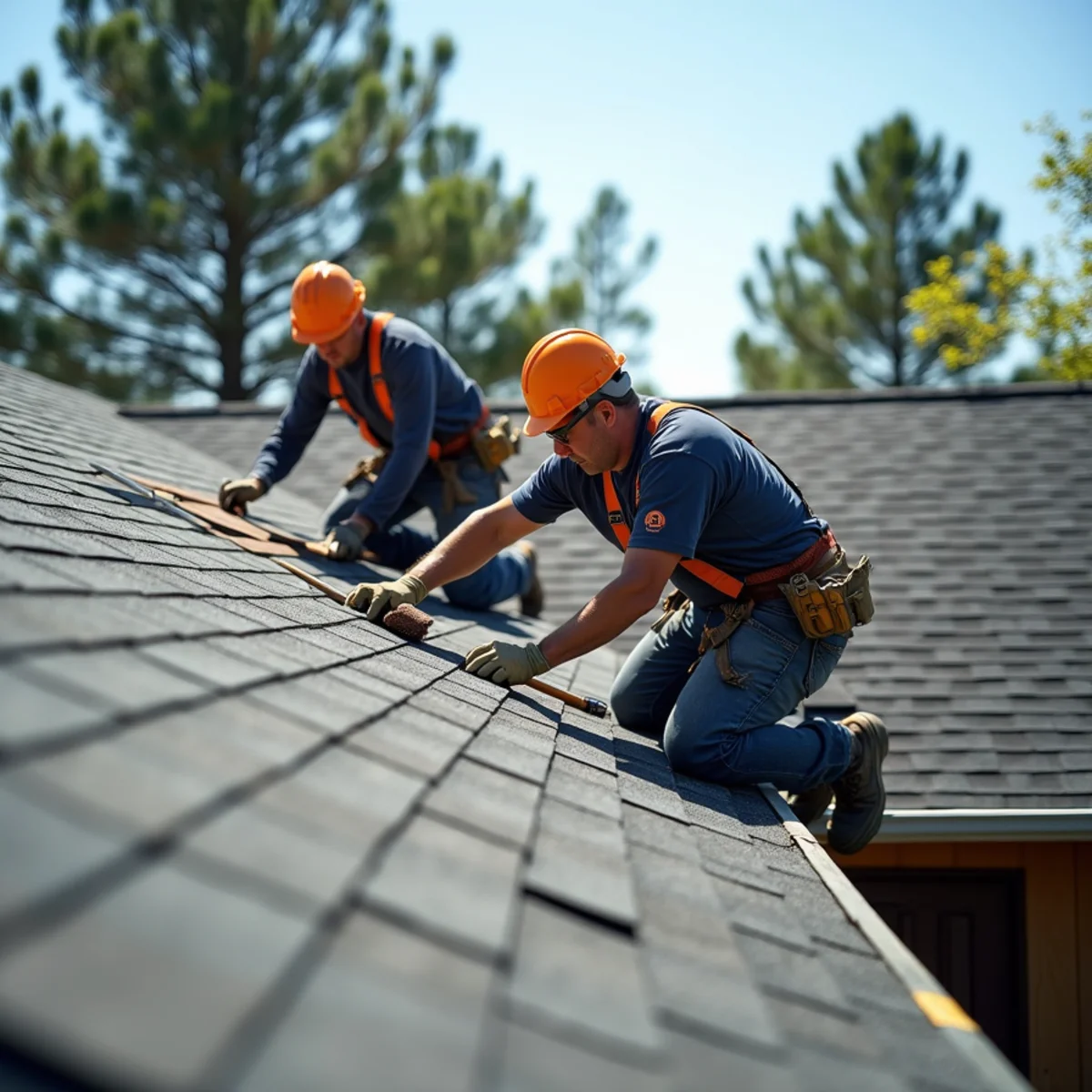 Roofing contractor crew replacing asphalt shingle roof on North Little Rock, Arkansas home