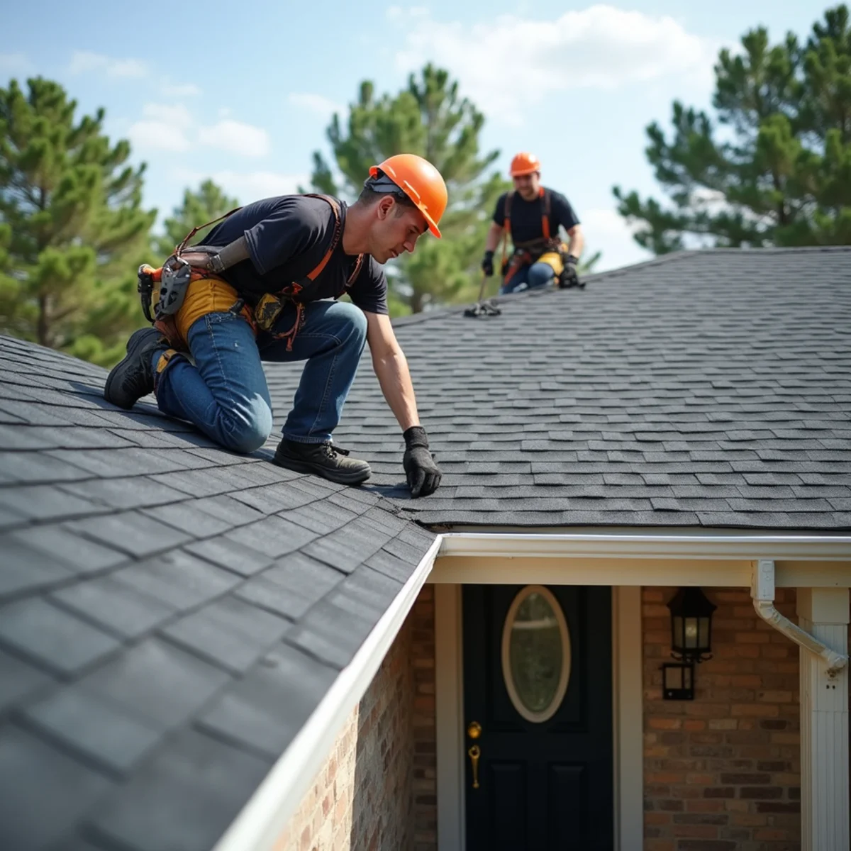 Roofing contractor crew replacing asphalt shingle roof on Pine Bluff, Arkansas home