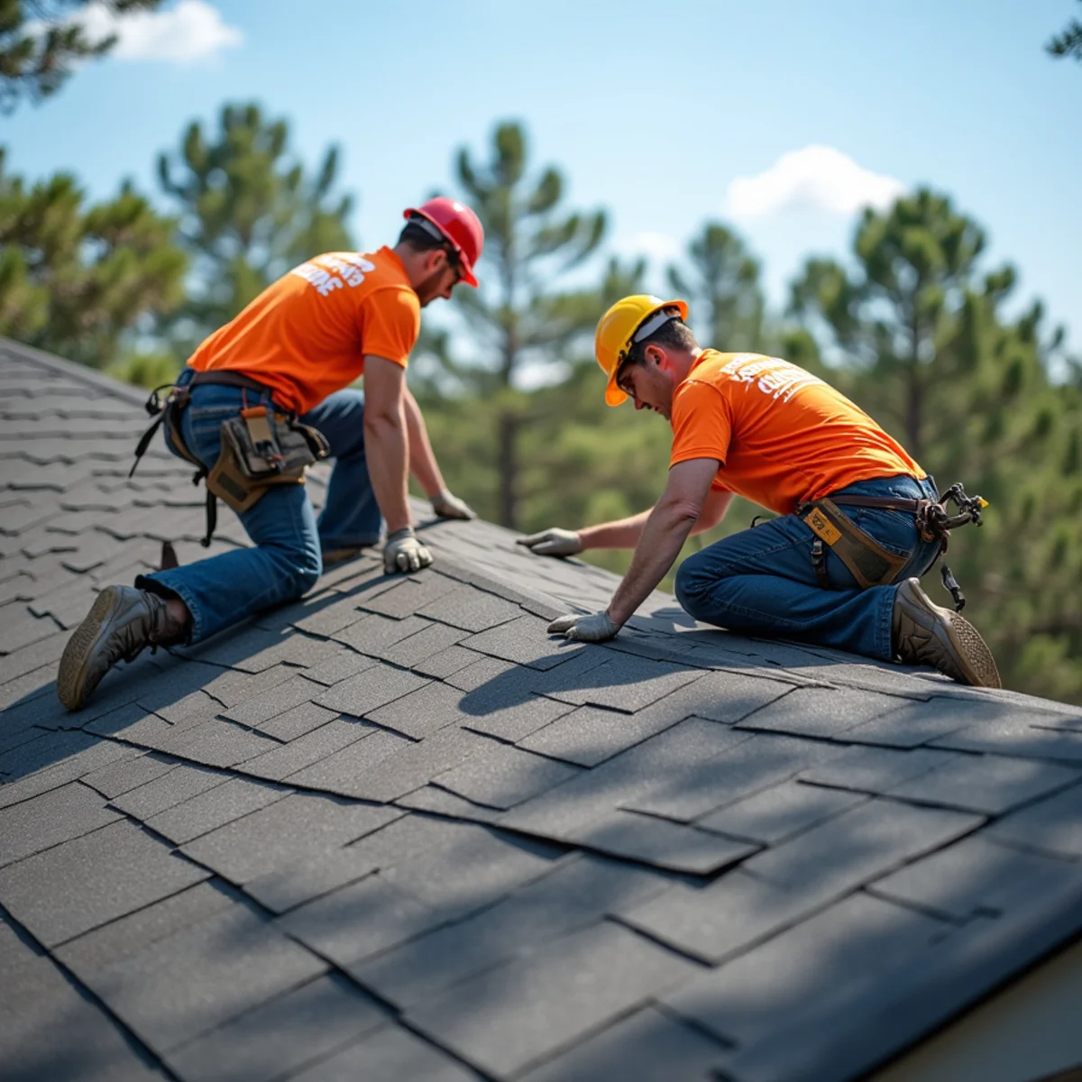 Roofing contractor crew replacing asphalt shingle roof on Piney, Arkansas home