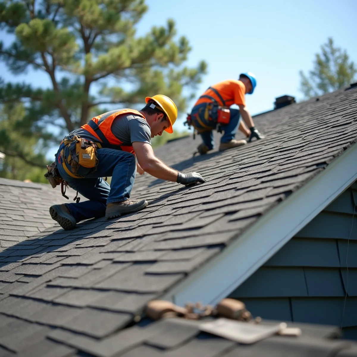 Roofing contractor crew replacing asphalt shingle roof on Pulaski County, Arkansas home