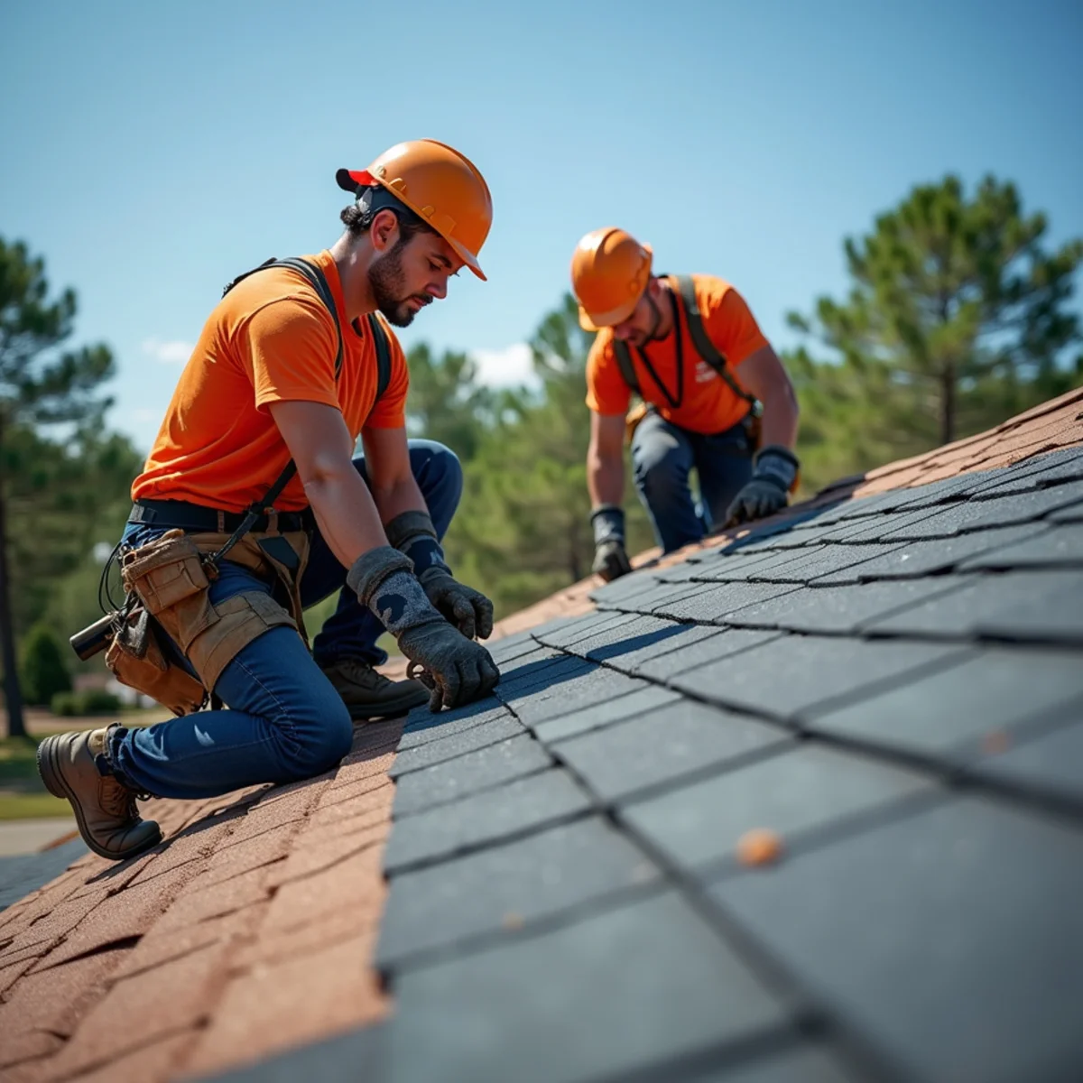Roofing contractor crew replacing asphalt shingle roof on Redfield, Arkansas home