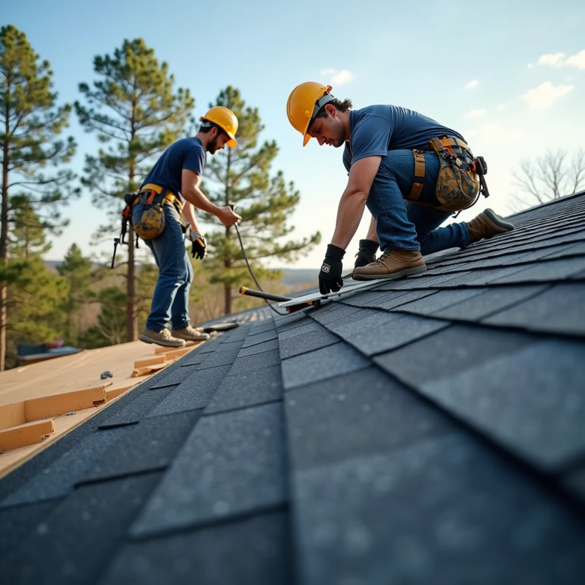 Roofing contractor crew replacing asphalt shingle roof on Shannon Hills, Arkansas home