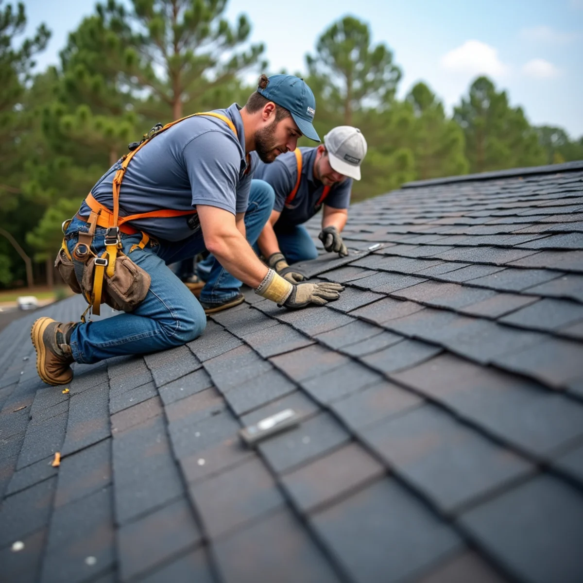 Roofing contractor crew replacing asphalt shingle roof on Stuttgart, Arkansas home